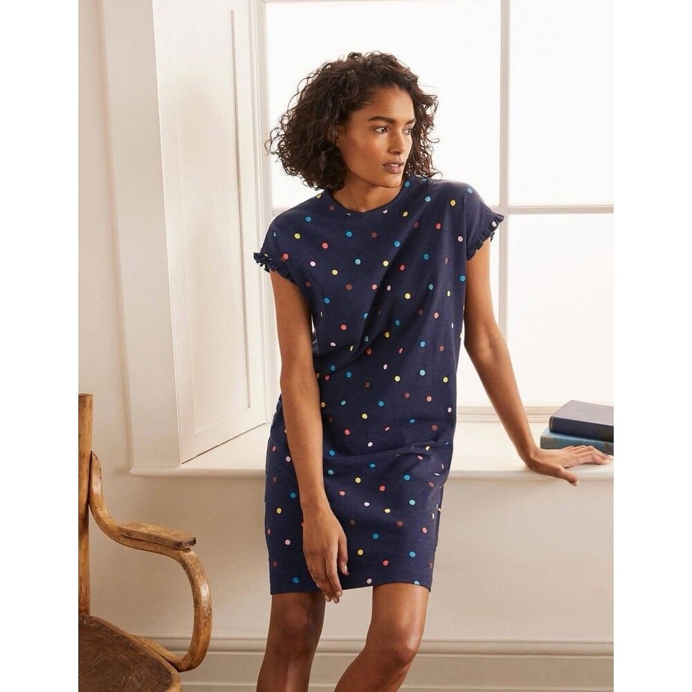Boden Faye Jersey T-Shirt Dress Women’s Size‎ 8R Blue Polka Dot Multicolor J0900